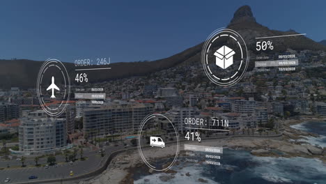 animación del procesamiento de datos con iconos sobre el paisaje urbano