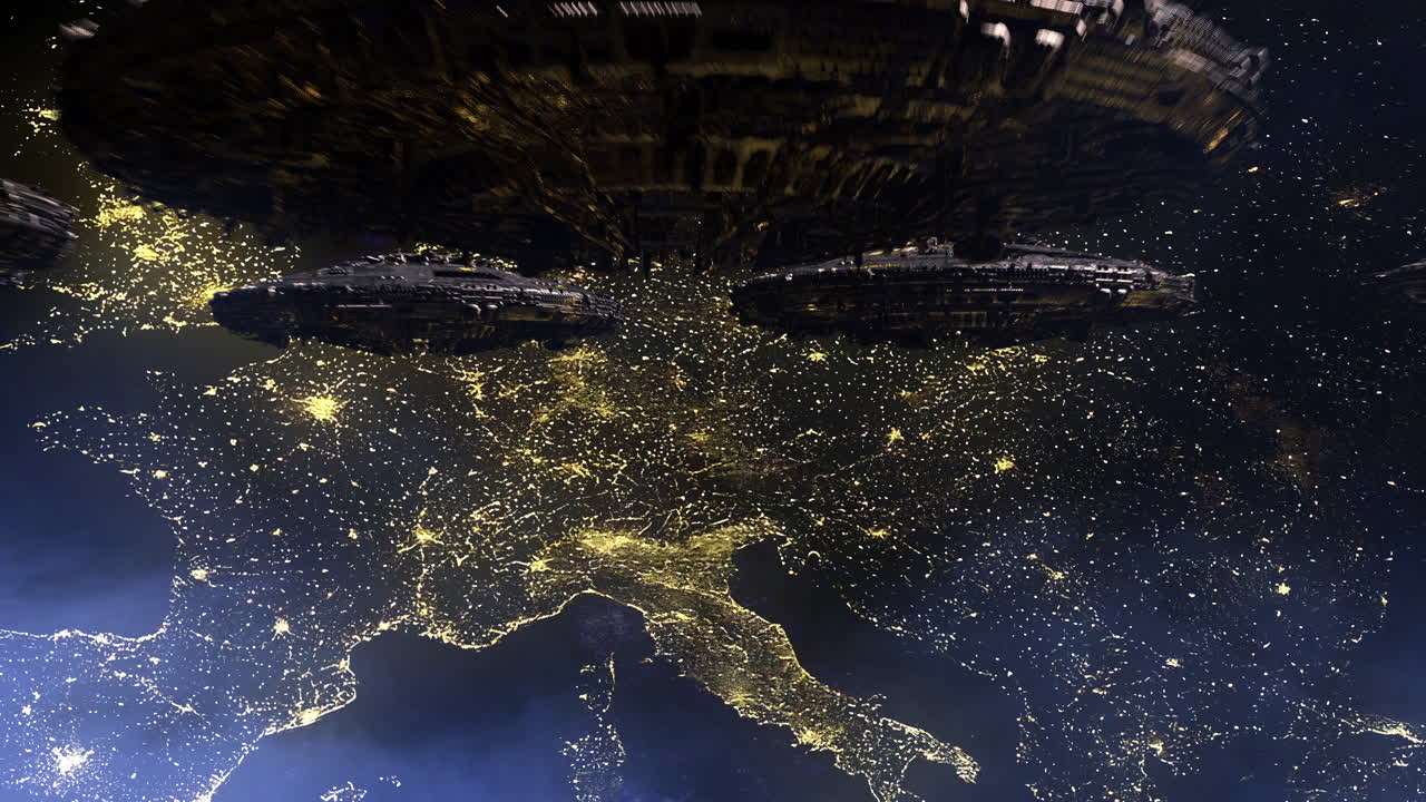 Alien fleet above Europe at night