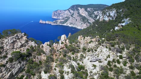 view of rocky cliffs and lush vegetation meeting the vast expanse of the mediterranean sea on the coast of ibiza. wonderful aerial view flight panorama overview drone
