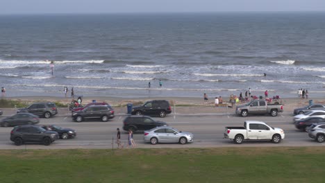 Drone-view-of-Galveston-Beach-in--Galveston,-Texas