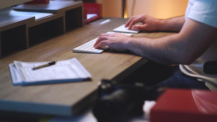 Creative business youtube person sits down to work at his home office modern wood desk typing on a white wireless computer keyboard, clicking a mouse trackpad next to a printer, monitor and camera