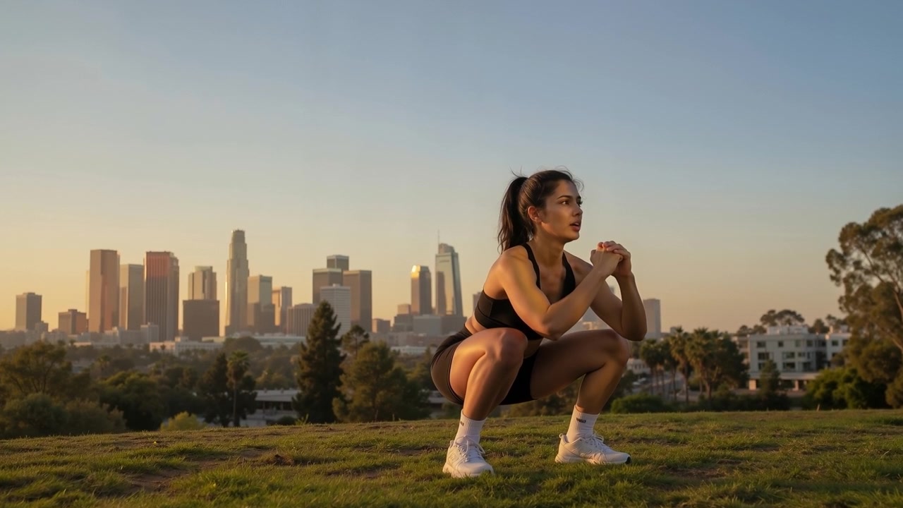 Giovane donna atletica che esegue un esercizio di squat profondo all'aperto con lo sfondo di uno skyline cittadino.