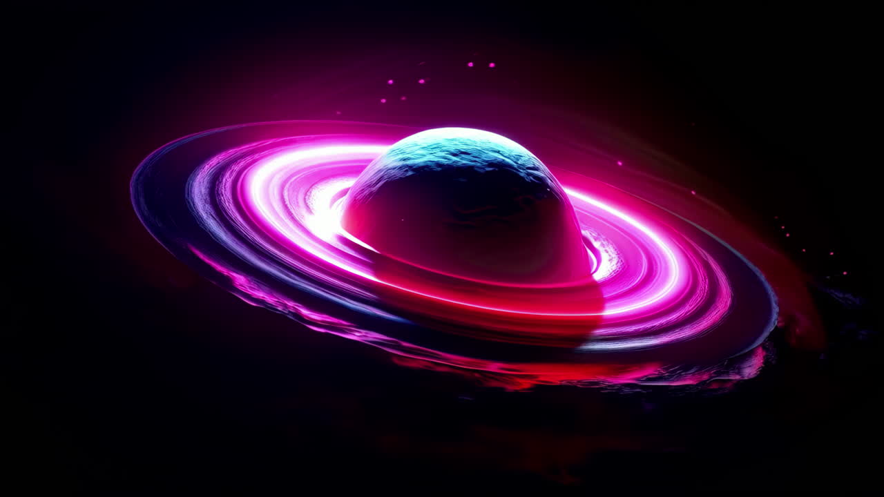 A planet with glowing purple and pink lights in space