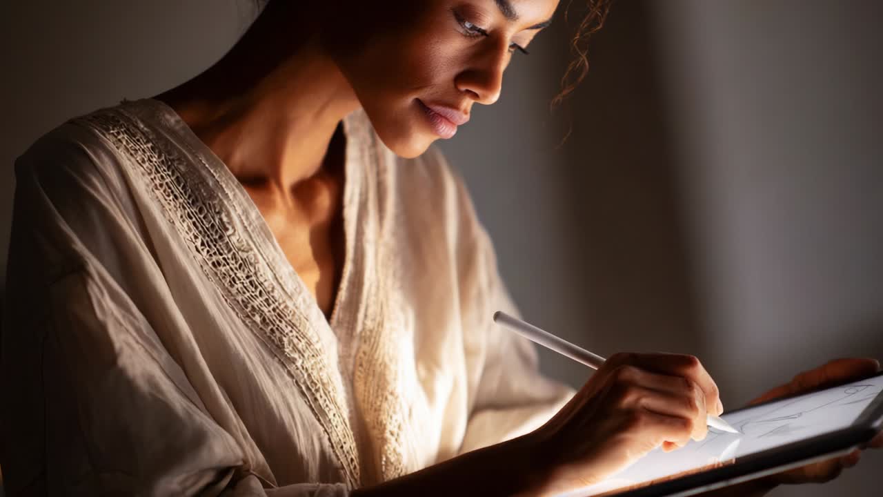 A focused woman artistically engages with her tablet, using a stylus to create intricate designs in a dimly lit environment, showcasing her creativity and attention to detail in digital artwork