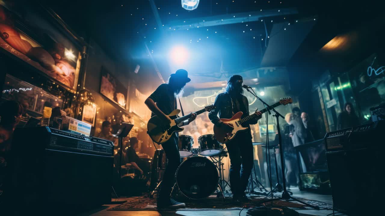 Lav engel af et liveband, der optræder i en svagt oplyst bar, der fanger den energiske stemning
