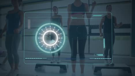 Animation-of-women-in-fitness-class-stepping-with-scope-scanning-and-data-processing