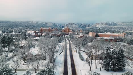 Aerial-dolly-tilt-up-to-establish-scenic-picturesque-brown-hotel-at-base-of-Rocky-Mountains-in-Colorado