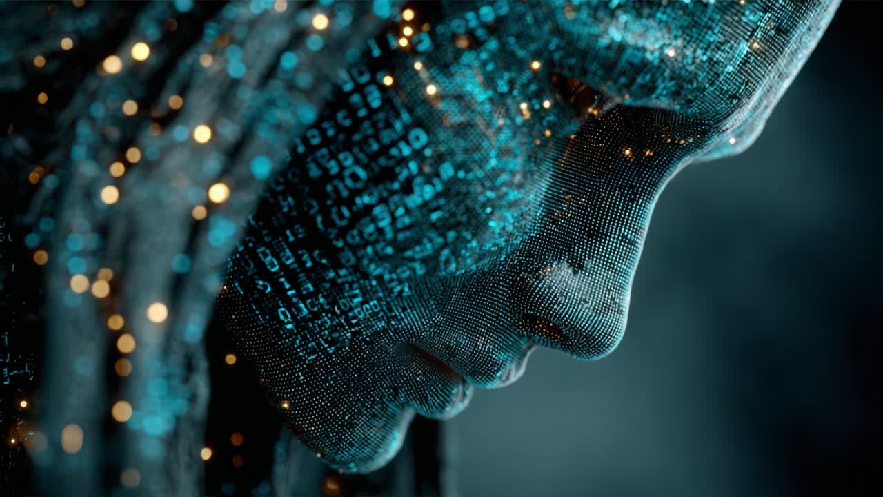 Futuristic android face made of particles with glowing binary code and data moving across its surface, representing the concepts of artificial intelligence, machine learning, and big data