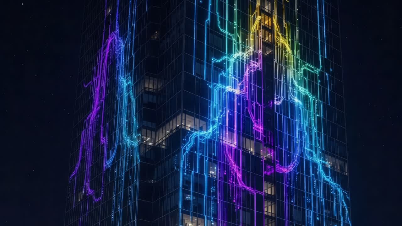 Vibrant Neon Light Display on Urban Skyscraper Showcases Colorful Patterns and Dynamic Visual Effects at Night, Transforming the Cityscape into a Dazzling Art Installation