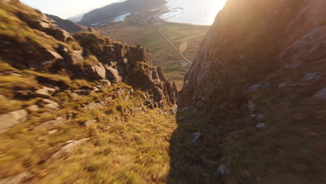 Incredible-dive-of-a-mountain-crest-with-high-proximity,-Lofoten-Islands-in-Norway