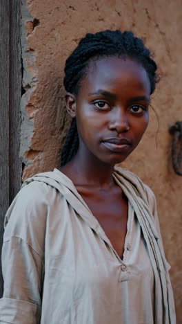 portrait of a young african woman with braided hair wearing a light dress, standing near a traditional clay wall, looking directly at the camera