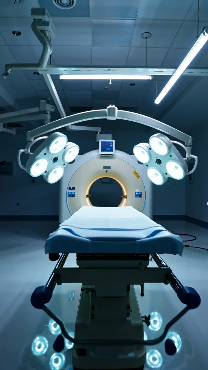 Sala operatoria vuota con scanner TC e luci chirurgiche