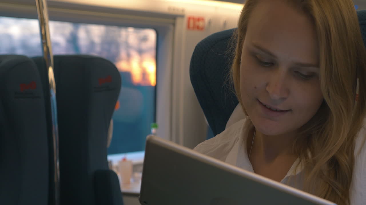 mujer comunicándose en el touch pad durante el viaje en tren