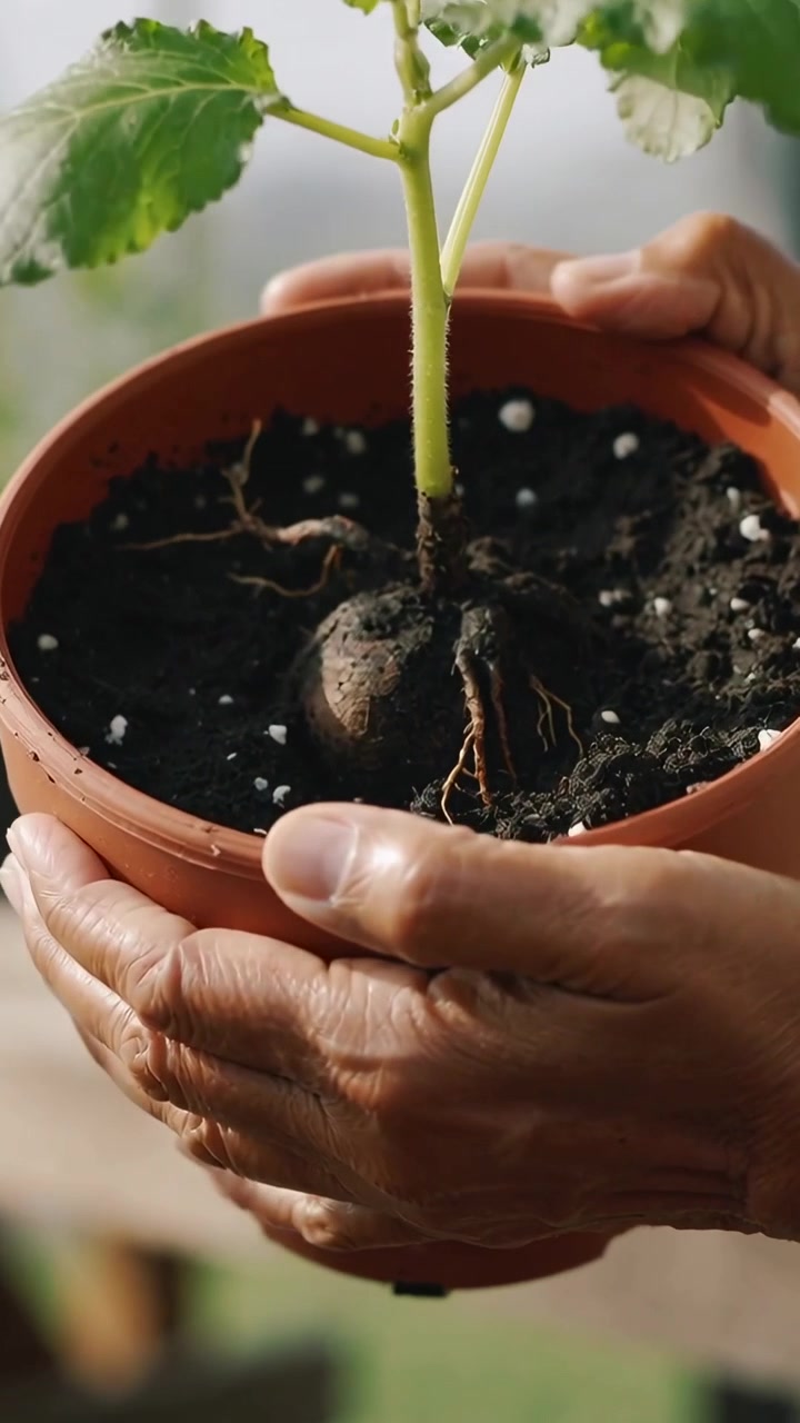 Video verticale: Mani anziane che inclinano e girano un vaso di terracotta in una veranda, ispezionando tubero e radici.