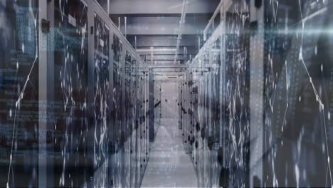 animación del procesamiento de datos y la red de conexiones a través de la sala de servidores