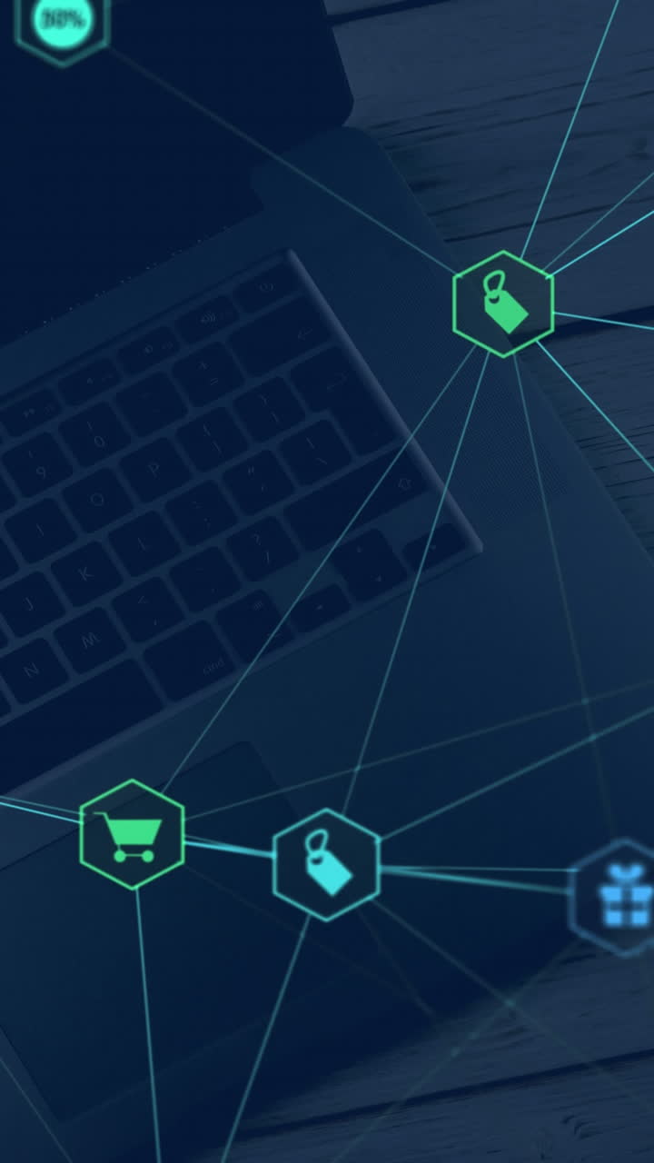 animación de la red de conexiones con iconos sobre el portátil