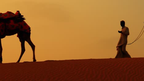 Cameleers,-camel-Drivers-at-sunset.-Thar-desert-on-sunset-Jaisalmer,-Rajasthan,-India.