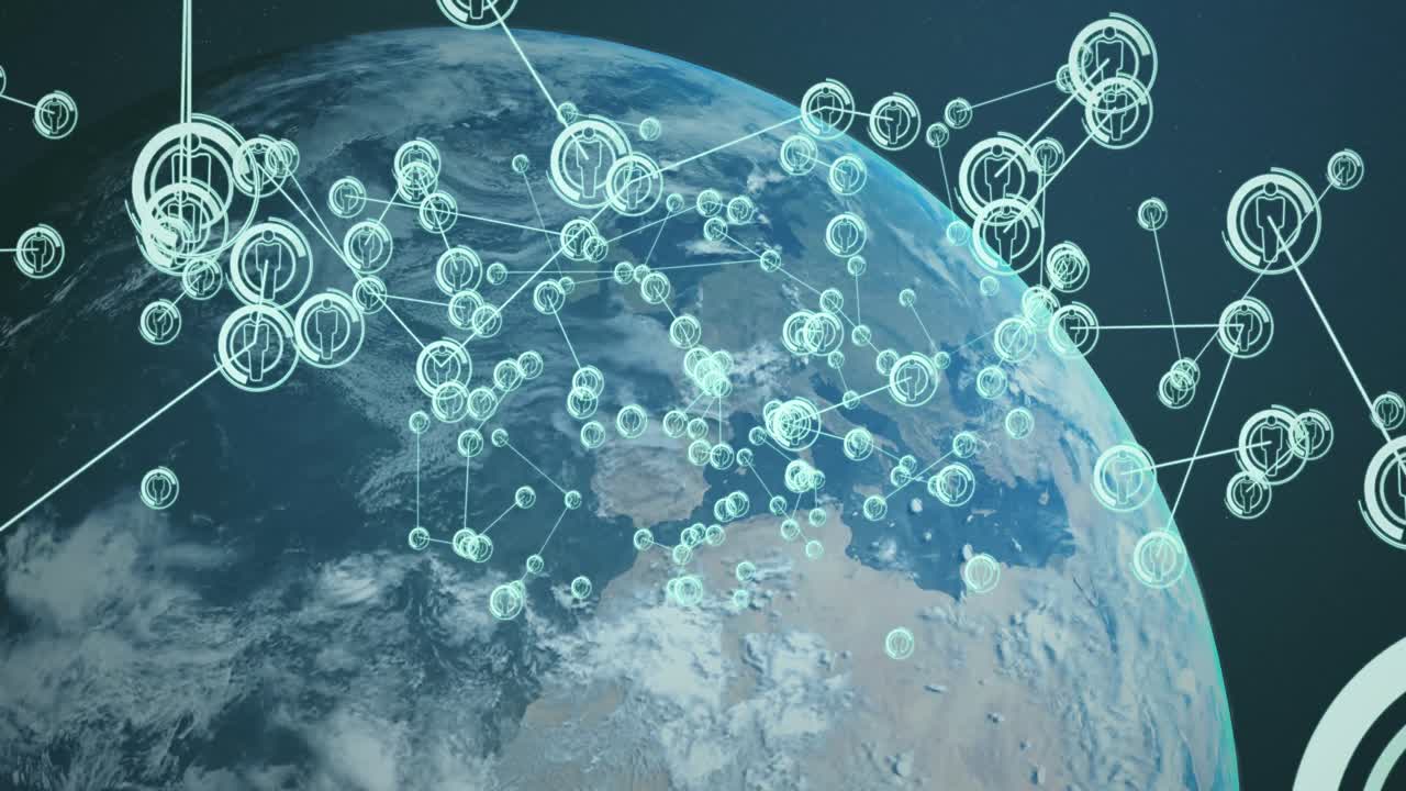 Animation of icons connected with lines over globe against abstract background