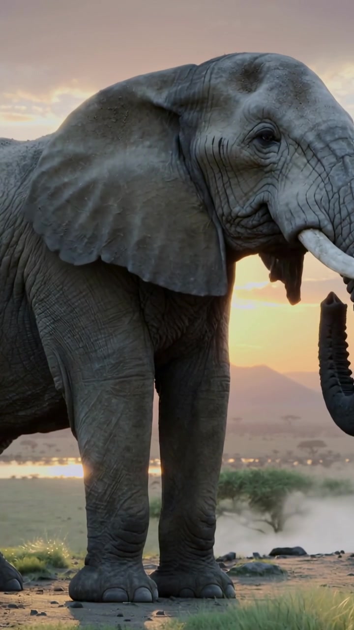 Lodret video: Afrikansk elefant lugter vand, løfter og krøller snabelen for at drikke ved vandet under solnedgang.