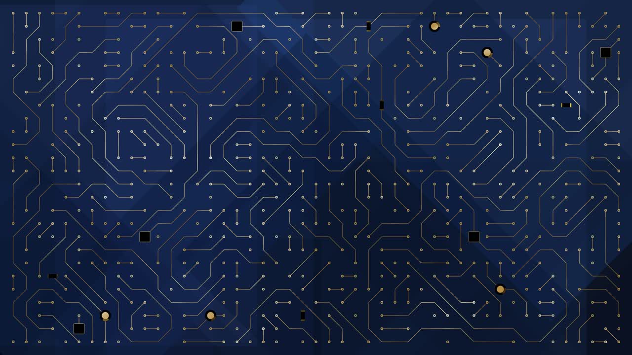 Patrón de placa de circuito electrónico con múltiples líneas doradas, nodos y trazos sobre un fondo azul oscuro, conectividad digital, informática y redes de datos globales.