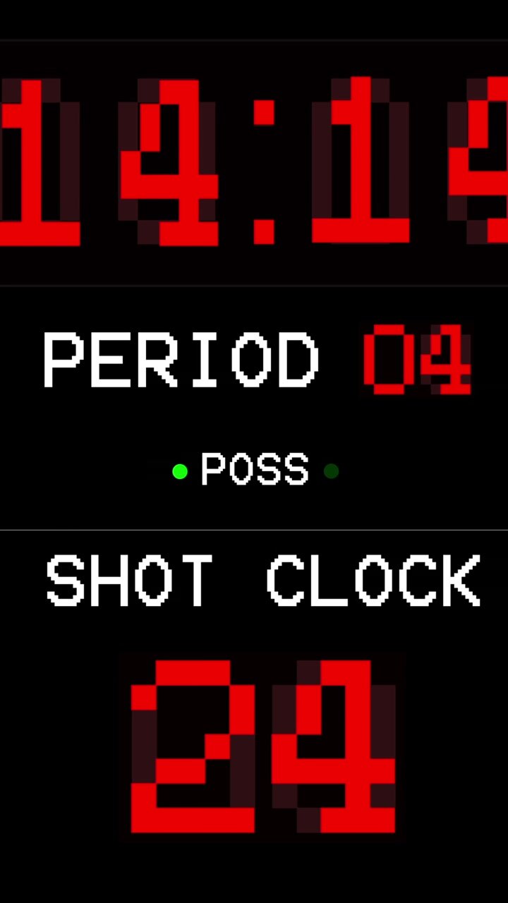 Vertical video: LED panel ticking down clock as shot clock resetting to 24 after zero for restart