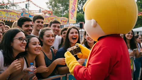 joyful interaction at a fair: enthusiastic crowd engages with cheerful mascot capturing memories with a camera