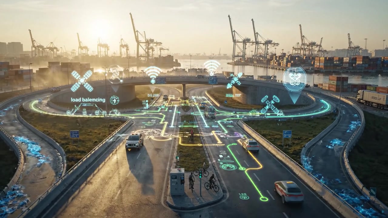 Flusso di traffico urbano: un contrasto tra soluzioni di mobilità convenzionali e intelligenti che evidenzia l'innovazione nella gestione dei trasporti in un porto trafficato all'alba