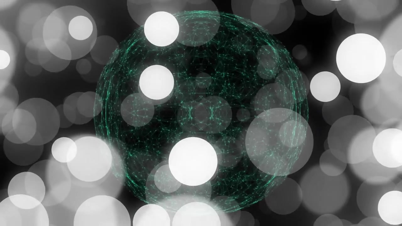 Mørk baggrund, der afslører en wireframe-sfære, derefter bokeh-cirkler, der driver og opbygger et digitalt netværk