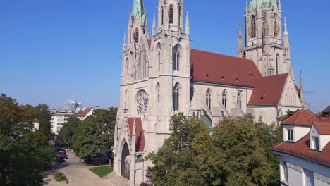 fantastic aerial top view flight munich city paul church at theresienwiesen, germany bavarian town at sunny clear sky day 2023