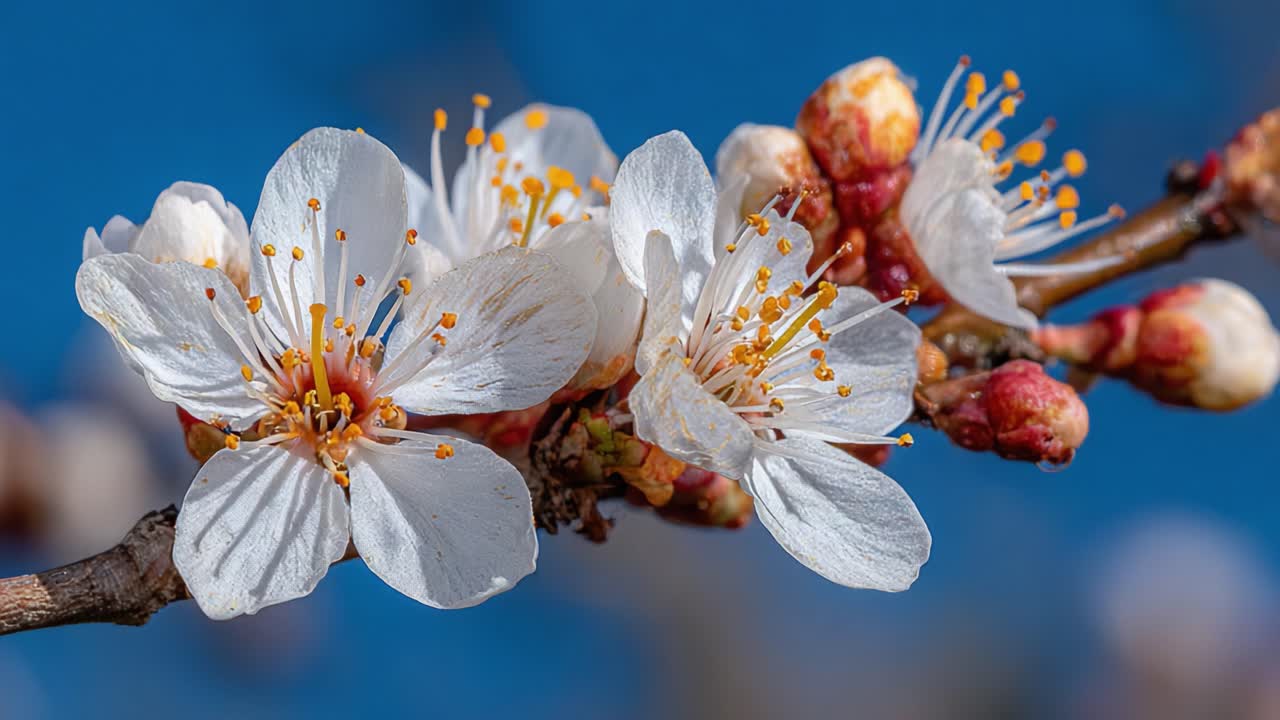 Delicati fiori catturati in un magnifico primo piano rivelano la bellezza della natura in primavera, mostrando petali morbidi e stami vibranti contro un cielo azzurro limpido.