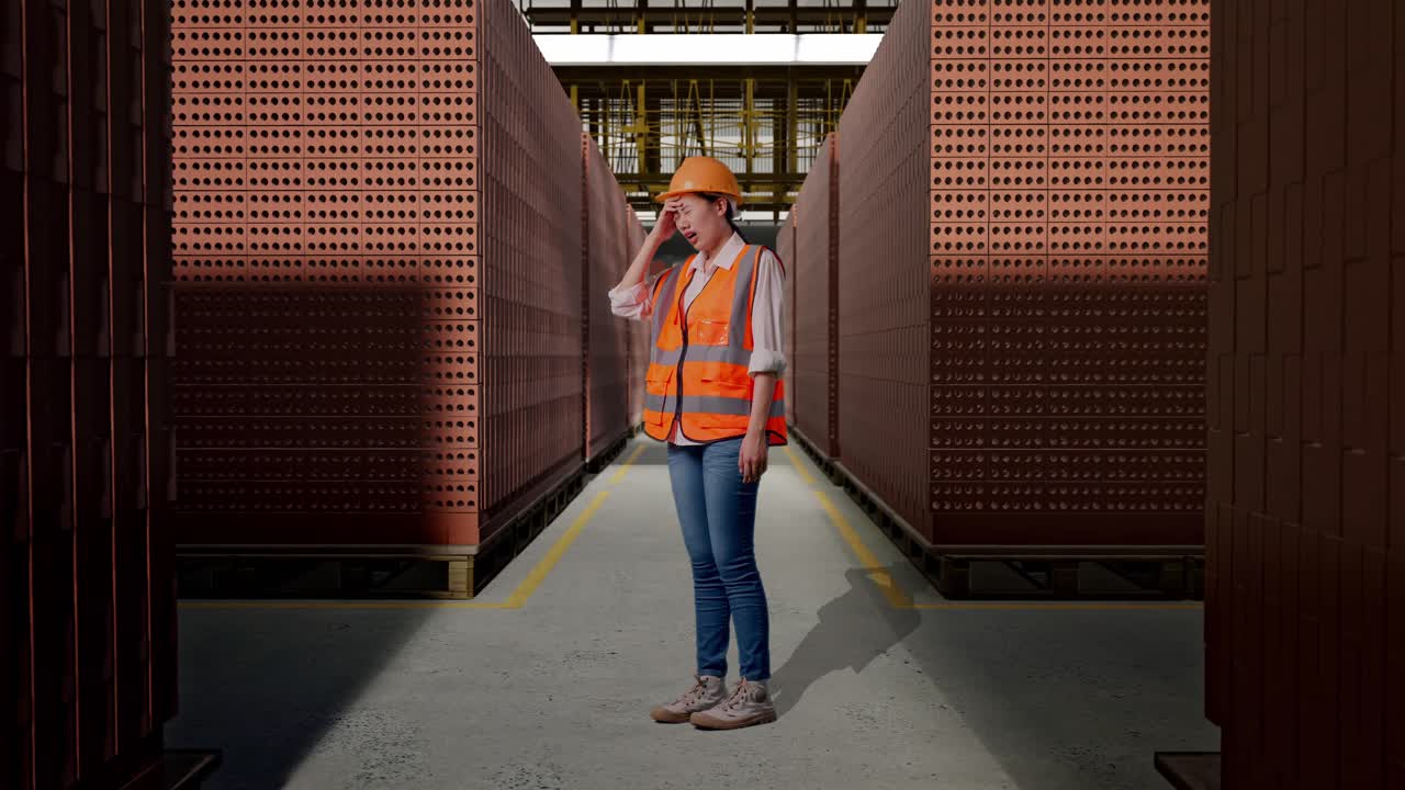 Full Body Side View Of Asian Female Engineer With Safety Helmet Having A Headache While Working With Red Brick Packed in Stacks Are Stored