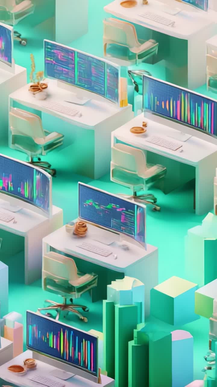 A Vibrant Office Workspace Featuring Multiple Desks with Monitors and Snacks, Highlighting the Integration of Technology and Productivity in a Modern Setting