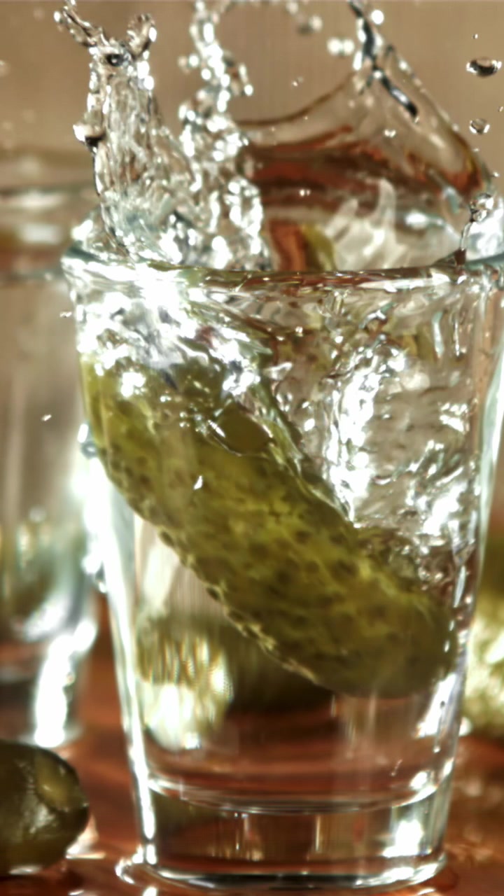 Cetriolo sottaceto che cade al rallentatore in un bicchierino di vodka
