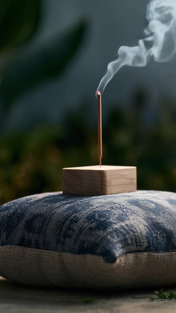 Elegante bruciatore d'incenso su cuscino decorativo con volute di fumo che si innalzano, creando un'atmosfera pacifica e tranquilla per il relax e la meditazione