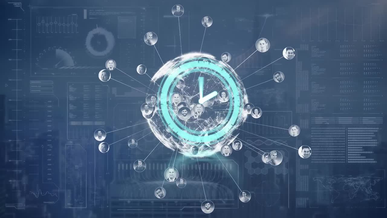 해군 배경 위에 아이콘과 함께 움직이는 시계의 애니메이션