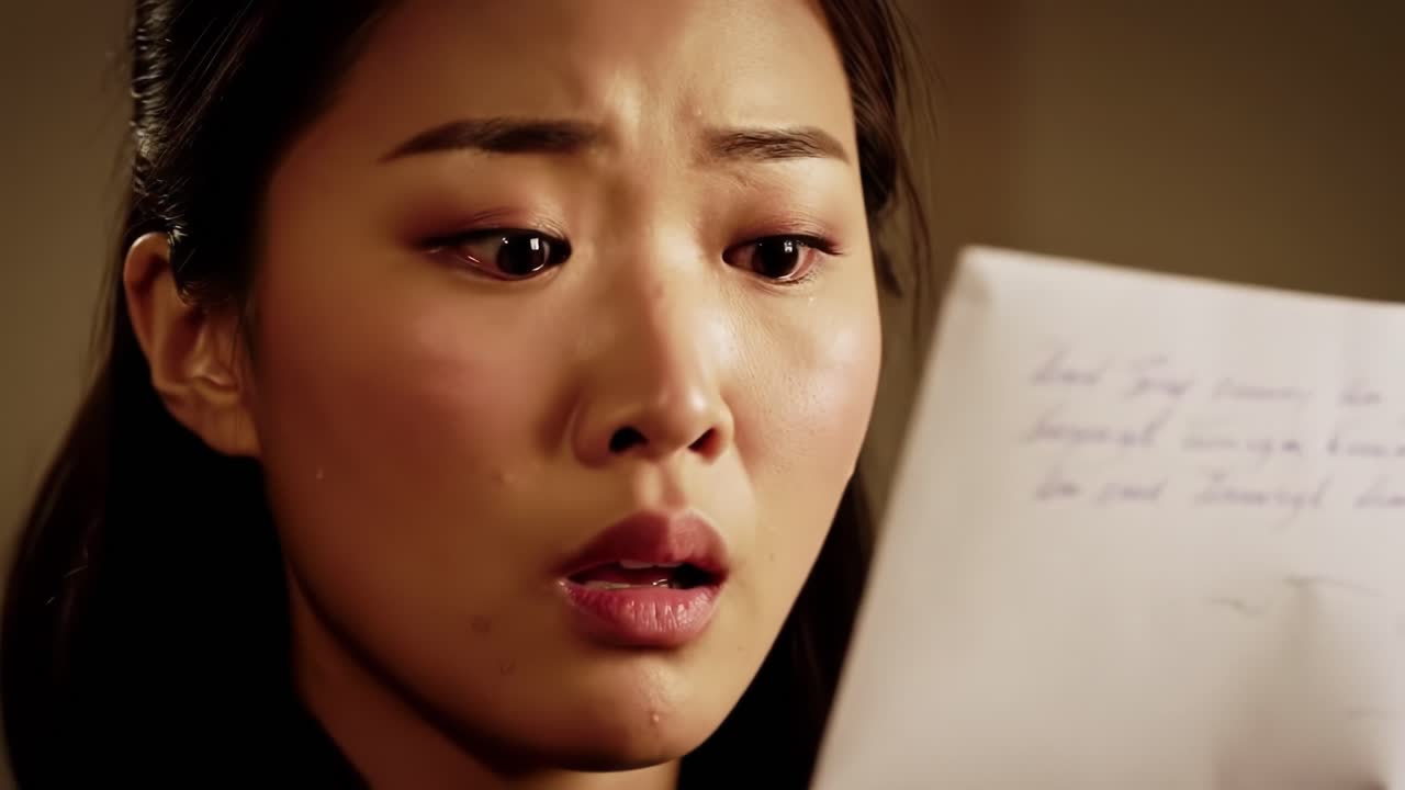 A woman displays a range of emotions as she reads a deeply personal letter. Her intense reaction indicates the letter contains significant revelations or memories.