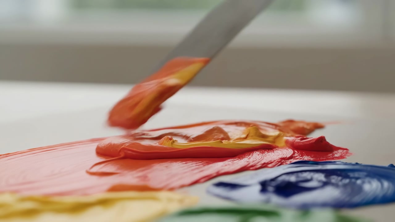 Vista ravvicinata dal basso di una spatola che mescola pittura acrilica densa su una superficie piana, con pigmenti rossi e gialli che si mescolano in arancione, creste in rilievo, una striscia lucida e una ricca texture di colore tattile.