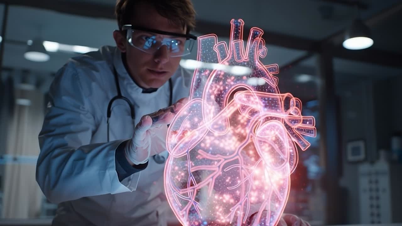 Læge undersøger digital hjertemodel i avanceret laboratorium