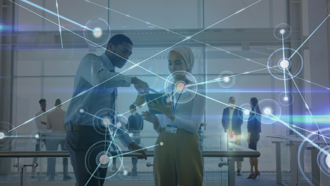 Animation of network of connections over diverse female and male coworkers in office