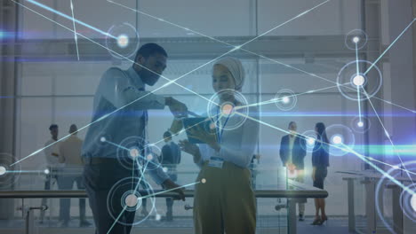 animation of network of connections over diverse female and male coworkers in office
