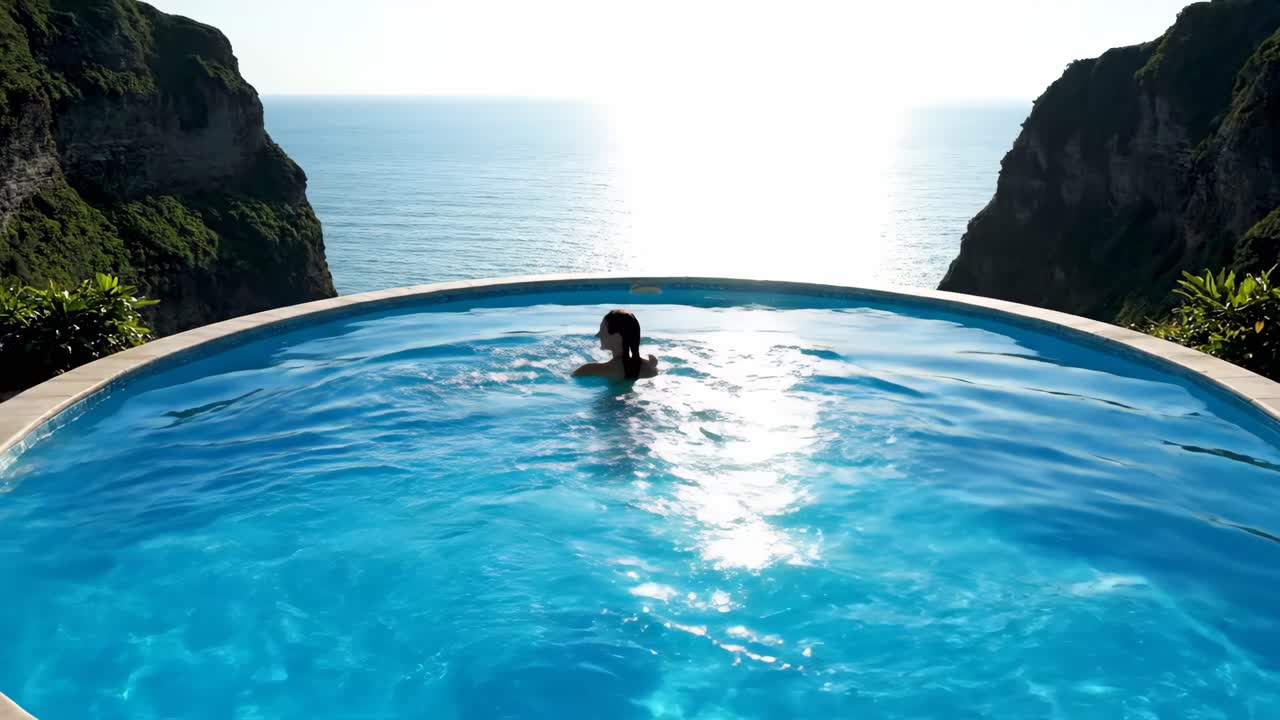 Frau entspannt sich im Infinity-Pool mit Blick auf das Meer