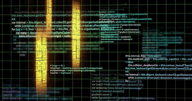 Camera panoreert, groene draadframe rastercode begint te schuiven en gouden kolommen stijgen, die gegevens visualiseren.