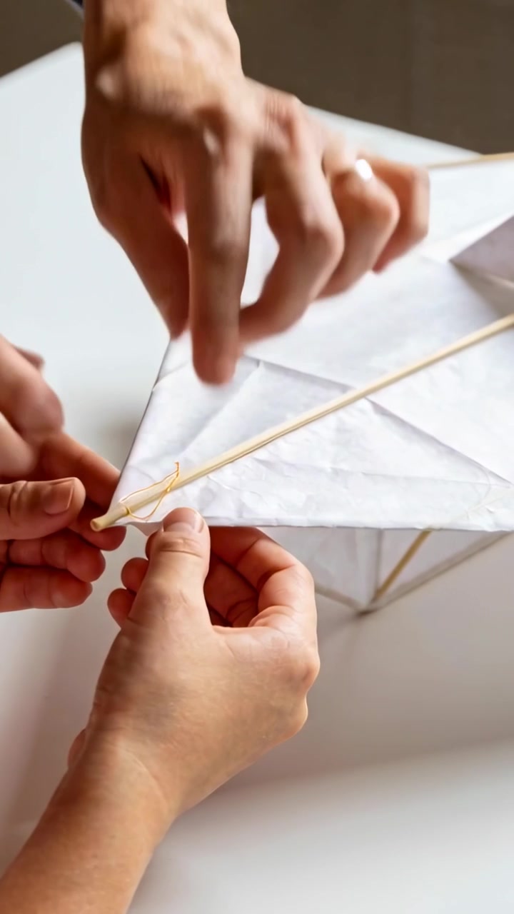 Video verticale: Mani di un adulto e di un bambino che assemblano carta per aquiloni su un tavolo, con una manica scura, per farlo volare.