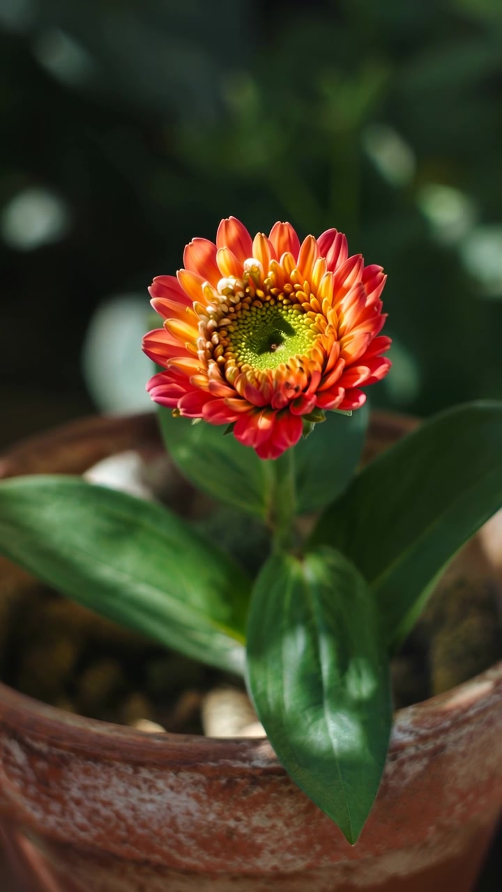 Un fiore arancione con petali a strati rimane sopra un vaso di ceramica mentre foglie verdi circondano lo stelo, con una delicata illuminazione esterna, una composizione poco profonda e dettagli naturali visibili in tutta la scena vegetale