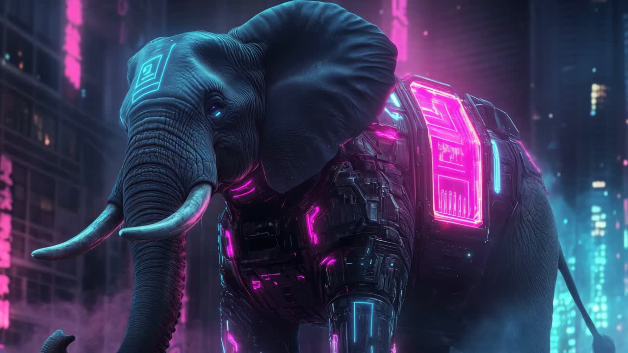 Cyberpunk Elephant in a Futuristic City