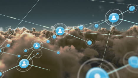 animation of networks of connections with icons over sky