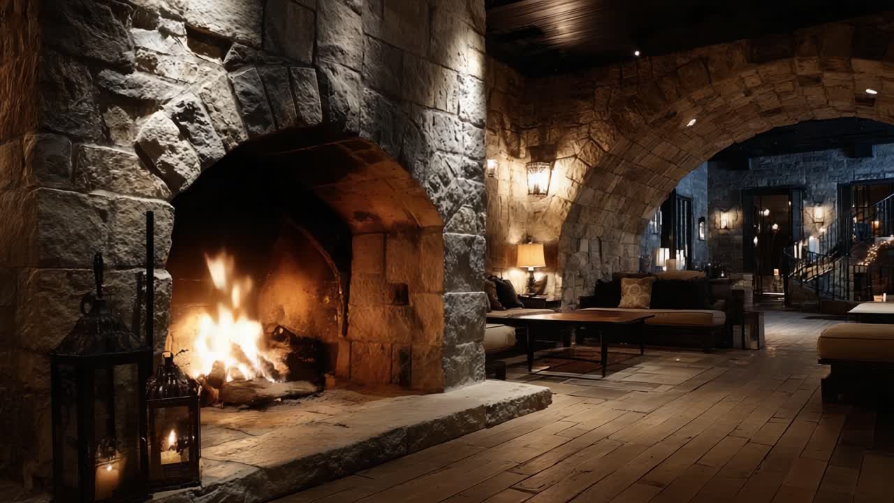 Vřelý a příjemný krbový salonek s kamenným krbem: Útulné útočiště s rustikální architekturou a ambientním osvětlením pro relaxaci a setkávání.