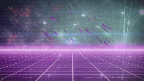 animación digital de rastros de luz púrpura a través de la red de conexiones contra la red de red