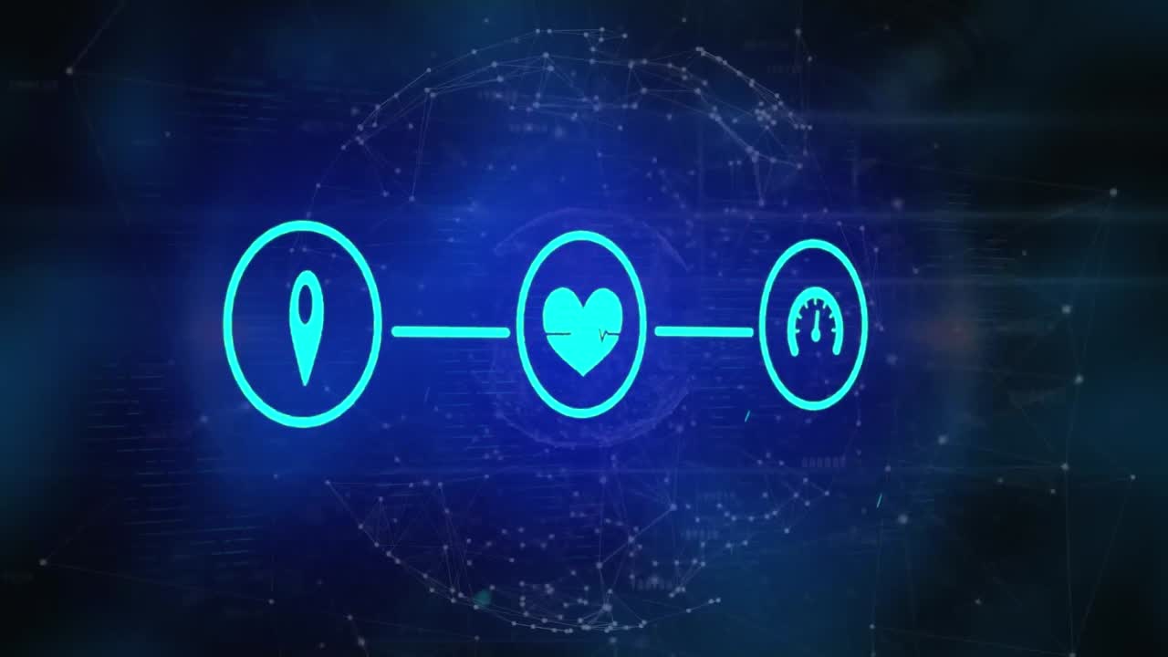 검은색 배경 위에 아이콘과 글로브로 연결된 네트워크의 애니메이션