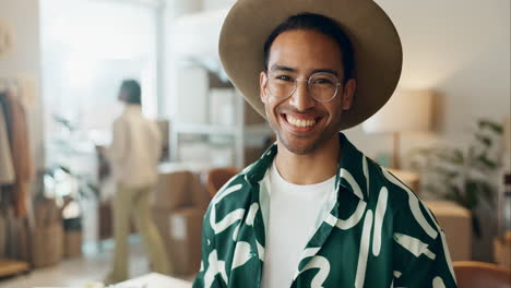 designer, fashion or face of happy man in workshop